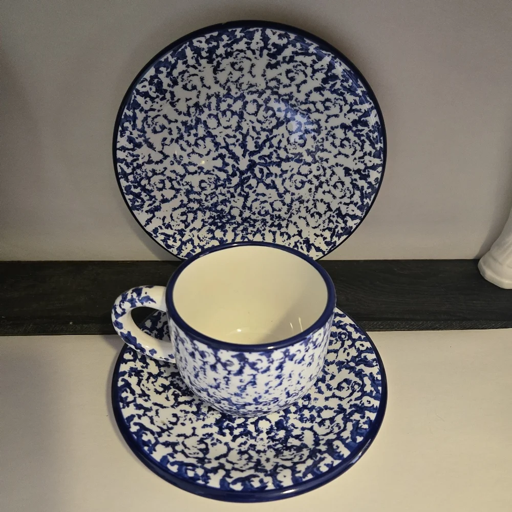 Crate & Barrel ~ Cup, Saucer and Salad Plate ~ Italy Blue Splatter Sponge Ware